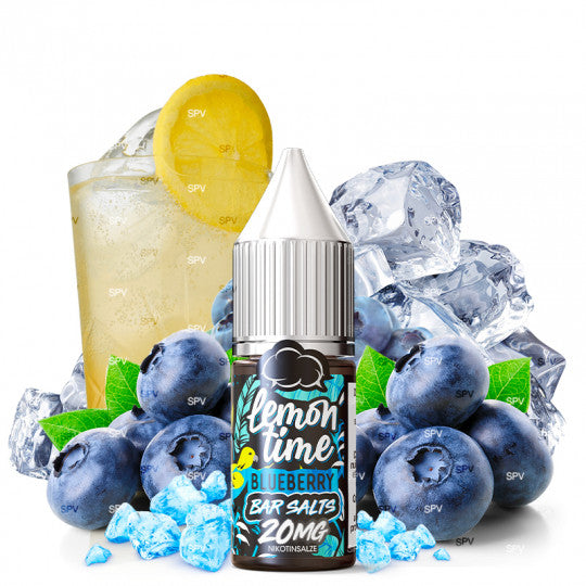 Sels de nicotine Lemon Time goût myrtille, flacon de 10 ml, présentation avec barres de sels de nicotine.