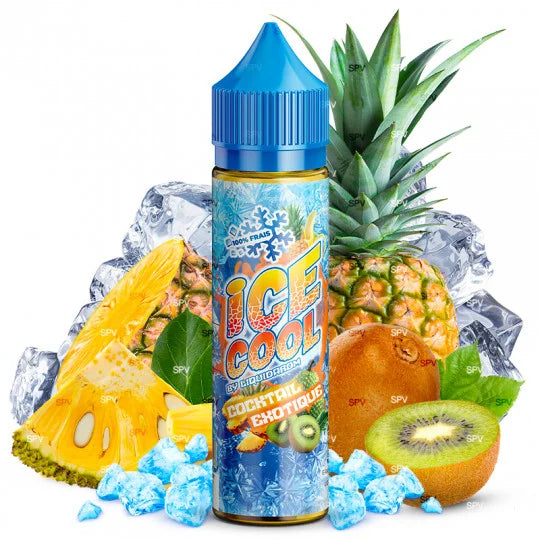 E-liquide Cocktail Exotique Ice Cool LiquidArom 50 ml avec flacon en plastique et étiquette colorée.