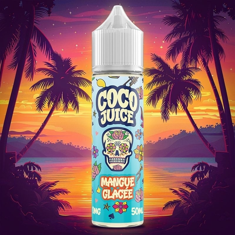 E-liquide Mangue Glacée Coco Juice 50ml avec saveur de mangue glacée et noix de coco, idéal pour cigarette électronique.