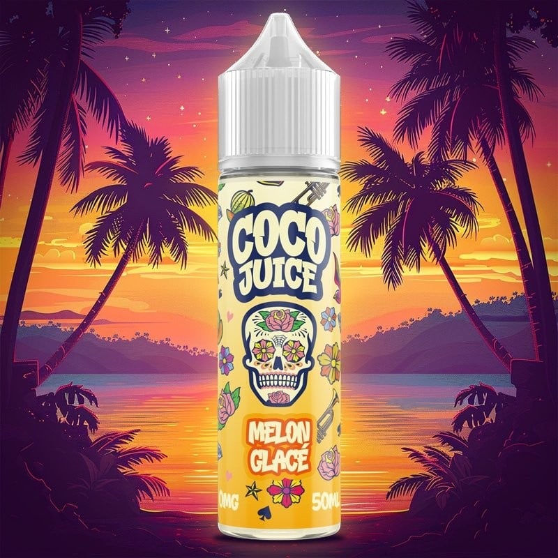 E-liquide Melon Glacée Coco Juice 50ml avec saveur rafraîchissante de melon et noix de coco, idéal pour vapoteurs.