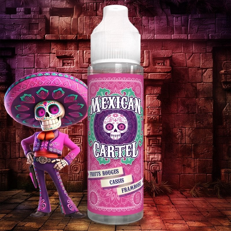 E-liquide Fruits Rouges Cassis Framboise Mexican Cartel 50ML avec bouteille colorée et étiquette attrayante