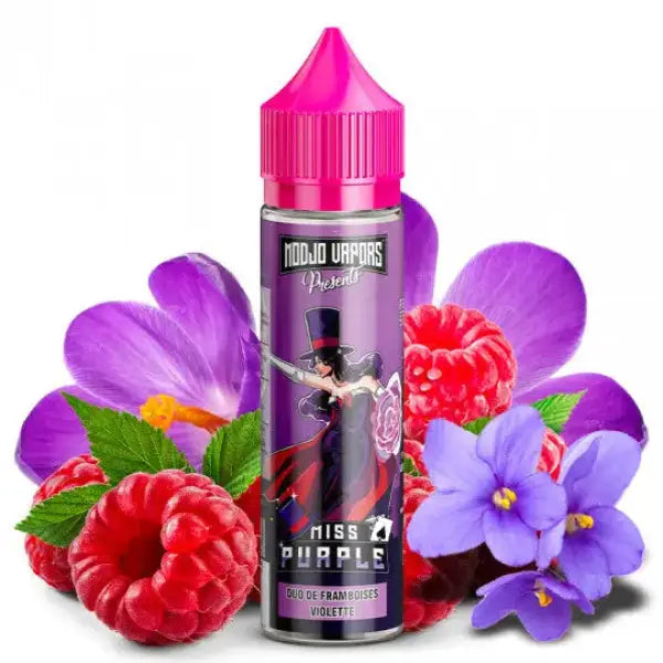 E-liquide Miss Purple Modjo Vapors par Liquidarom, flacon avec étiquette colorée et bouchon en plastique.