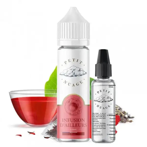 Bottle of Petit Nuage Aventure Gustative E-Liquide with colorful label and vapor clouds in the background.