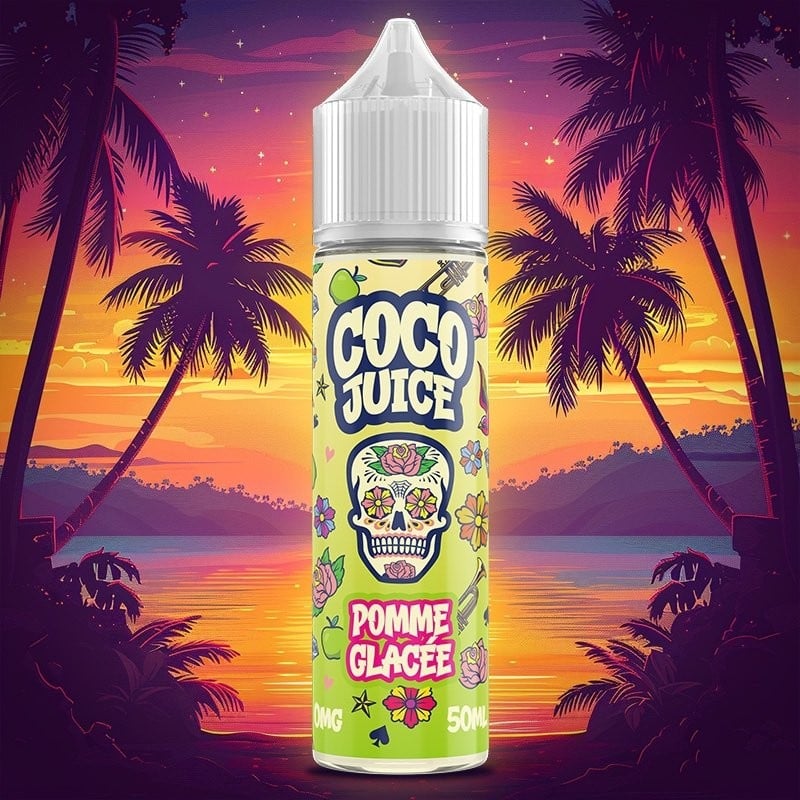 E-liquide Pomme Glacée Coco Juice 50ml avec saveur de pomme glacée et coco, bouteille de parfum fruité et rafraîchissant.