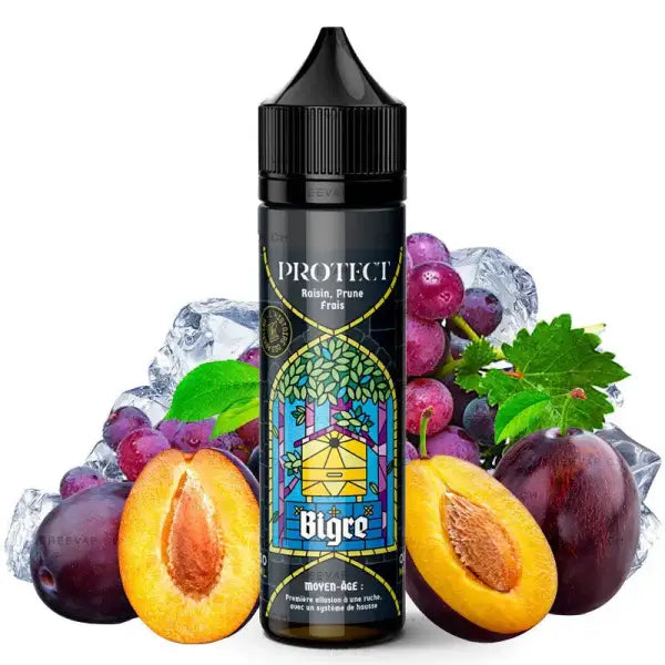 E-Liquide Protect Bigre Protect Miel, Prunes et Raisins pour cigarettes électroniques, flacon avec étiquette colorée.