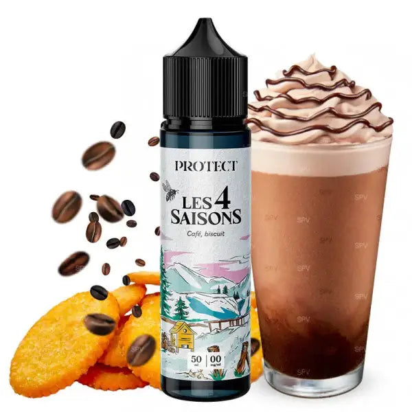 E-liquide Café Biscuit Saisons de Protect, flacon avec étiquette, saveur café et biscuit pour cigarette électronique.