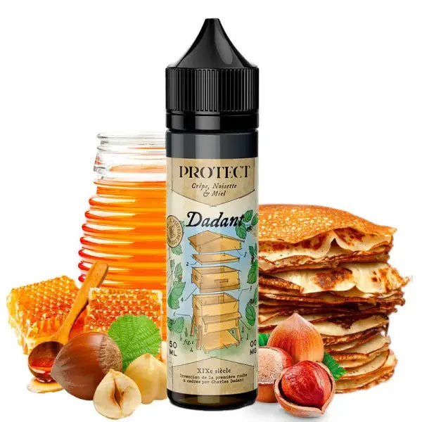 E-liquide Protect Dadant, saveur délicieusement mielleux avec bouteille claire et étiquette colorée, vue de face.