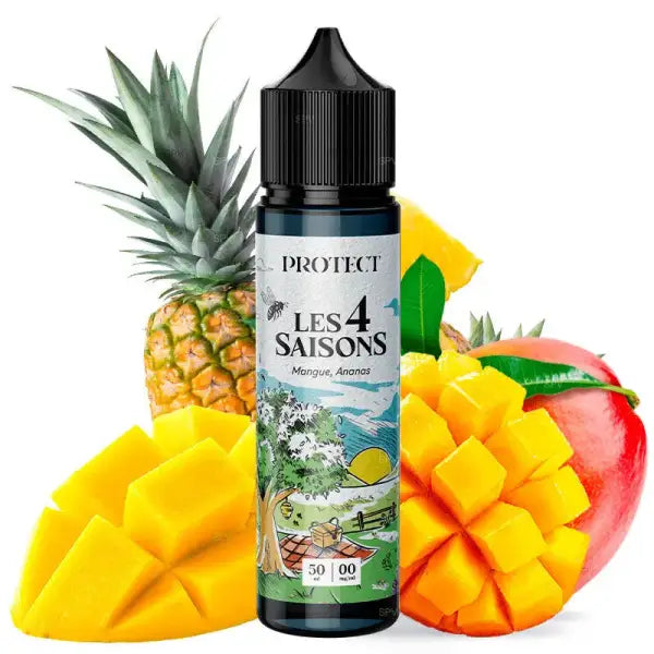 E-Liquide Les 4 Saisons Protect avec saveur mangue et ananas, bouteille de e-liquide de la marque Protect, parfum fruité