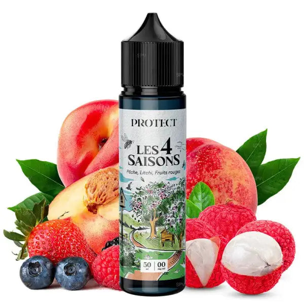 E-Liquide Protect saveur Litchi et Fruits Rouges, bouteille avec étiquette colorée, liquide pour cigarette électronique.