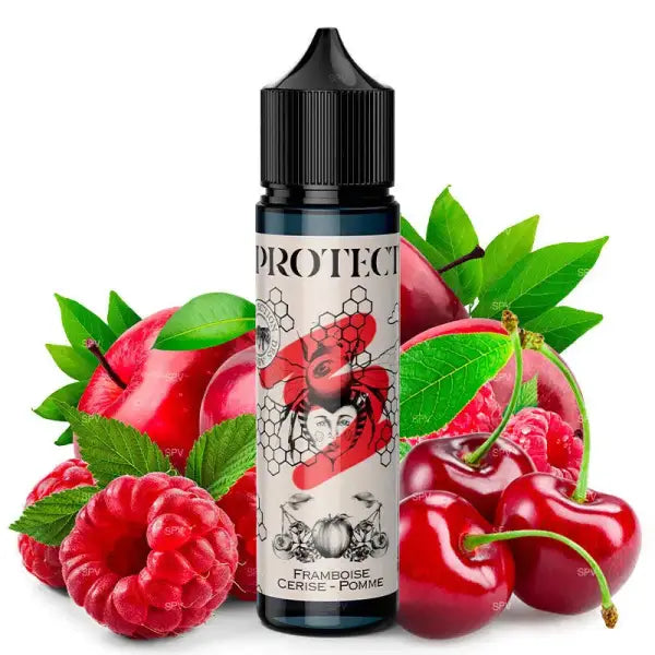 Protect E-Liquide Framboise Cerise Pomme bottle featuring raspberry, cherry, and apple flavor blend in a vibrant design.