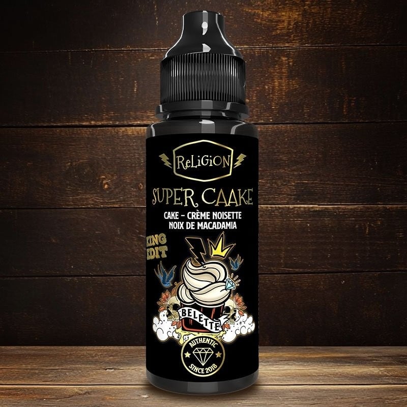 E-Liquide Super Caake King Edition Religion Juice 100ml avec flacon et étiquette colorée de la marque Religion Juice
