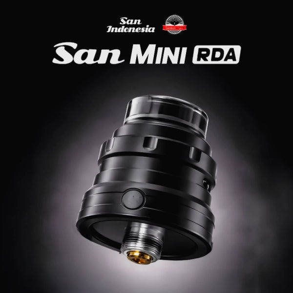 Atomiseur reconstructible San Mini RDA de San Indonesia x Gerobak Vapor, vue rapprochée du design en détail.