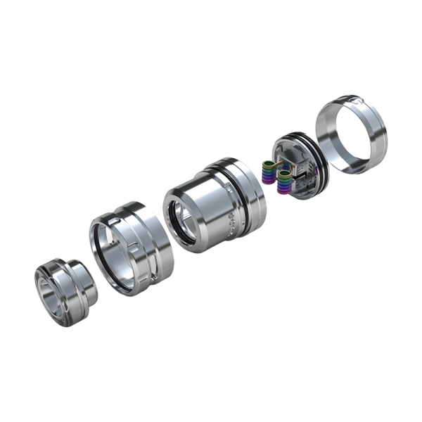 Atomiseur reconstructible San Mini RDA de San Indonesia x Gerobak Vapor, vue détaillée de l'atomiseur en gros plan.