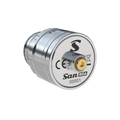 Atomiseur reconstructible San Mini RDA de San Indonesia x Gerobak Vapor, vue de face avec détails métalliques.