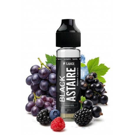 E-liquide Black Astaire de T-Juice, bouteille de 50 ml, saveur riche et aromatique, dans une bouteille noire avec étiquette.