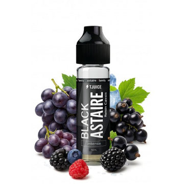 E-liquide Black Astaire de T-Juice, bouteille de 50 ml, saveur riche et aromatique, dans une bouteille noire avec étiquette.