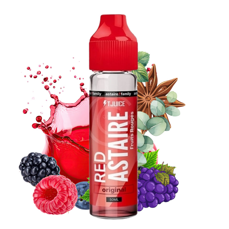 E-liquide Red Astaire de T-Juice, famille Astaire, flacon de 50 ml avec étiquette rouge et design élégant.