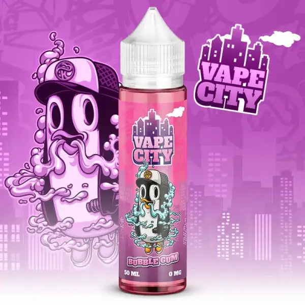 E-Liquide Bubble Gum Vape City avec un mélange fruité, saveur gourmande et fruitée visible dans la bouteille.