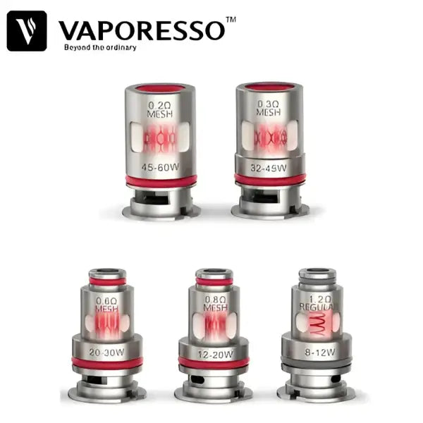Pack de 5 résistances GTX Vaporesso Triple Silicone, résistances en mesh 0,2 ohm pour cigarettes électroniques.