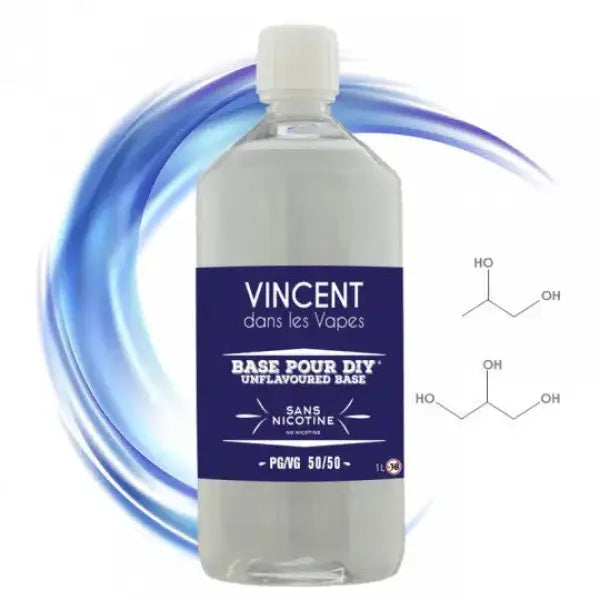 Base VDLV DIY 1L pour e-liquide sans nicotine, mélange 50/50 PG/VG, flacon transparent avec étiquette.