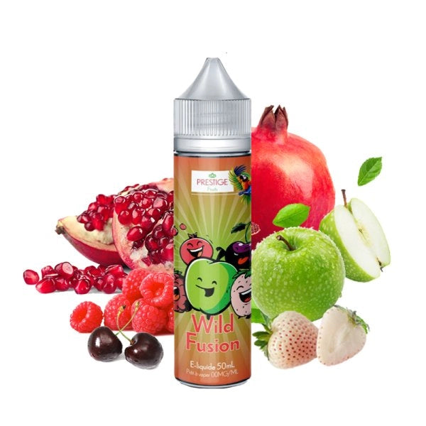 E-liquide Wild Fusion Oasis de Prestige Fruits, flacon de 50ml, sans nicotine, saveur fruitée rafraîchissante, bouteille transparente.